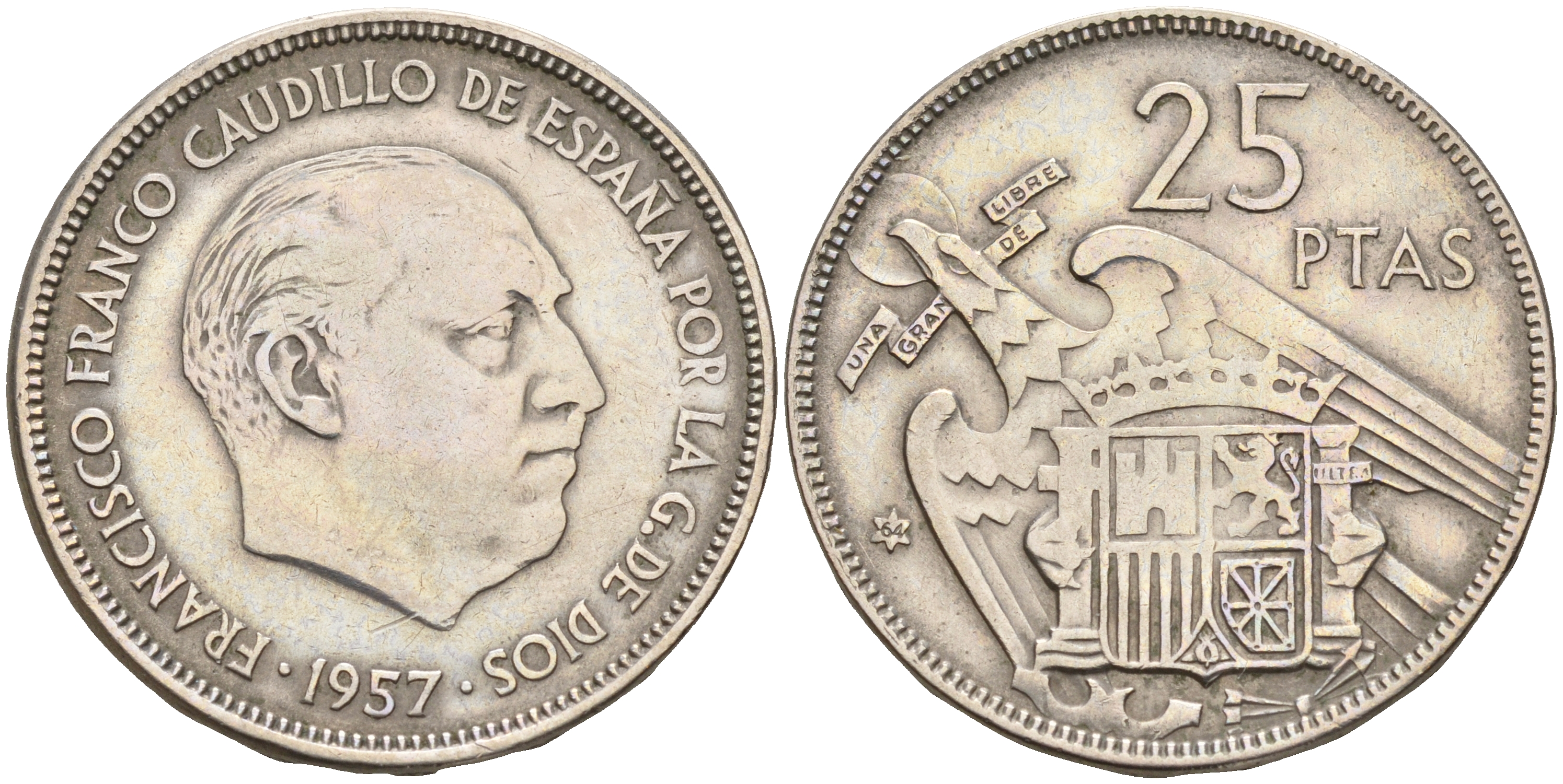 Испания 25 песет 1957 (64) Франсиско Франко (1939-1975) KM 787 медно-никель 4144-213