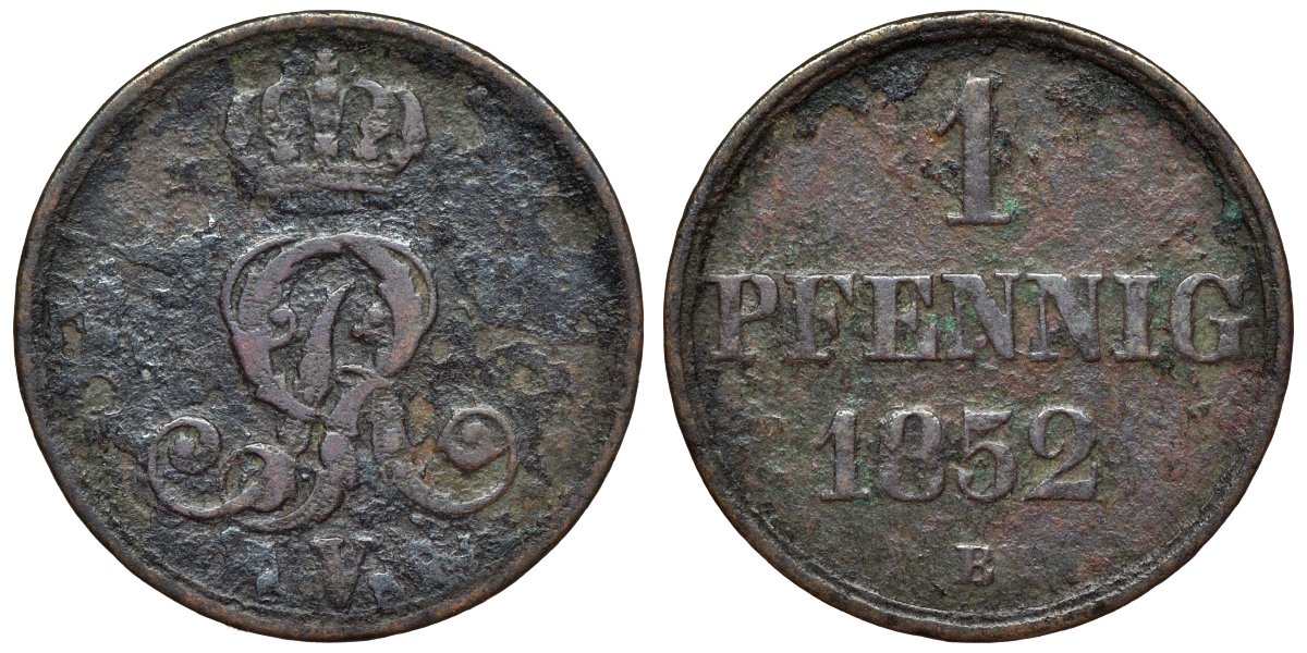 Ганновер 1 пфенниг 1852 B, Георг V, год тип KM 216, AKS 154, J. 82 медь 4594-458