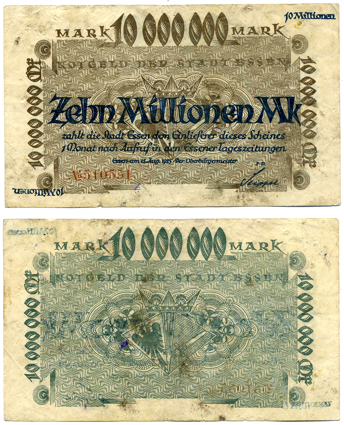 ЭССЕН 10000000 МАРОК (10 МИЛЛИОНОВ) 1923 15 АВГУСТА 1923, СЕРИЯ КРАСНАЯ, НОТГЕЛЬД, КРАСНЫЙ НОМЕР, ЗЕМЛЯ СЕВЕРНЫЙ РЕЙН-ВЕСТФАЛИЯ Arnold Keller 1415d бумага 2193-16-1-2