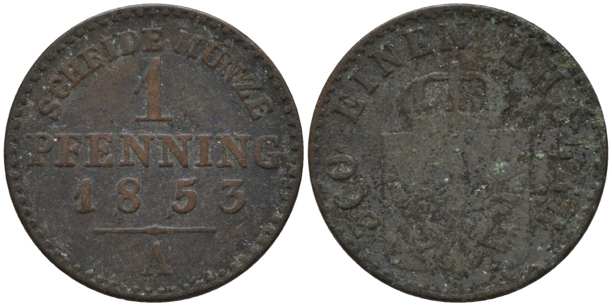 Пруссия 1 пфенниг 1853 A, Фридрих Вильгельм IV (1840-1861) KM 451 медь 4532-147