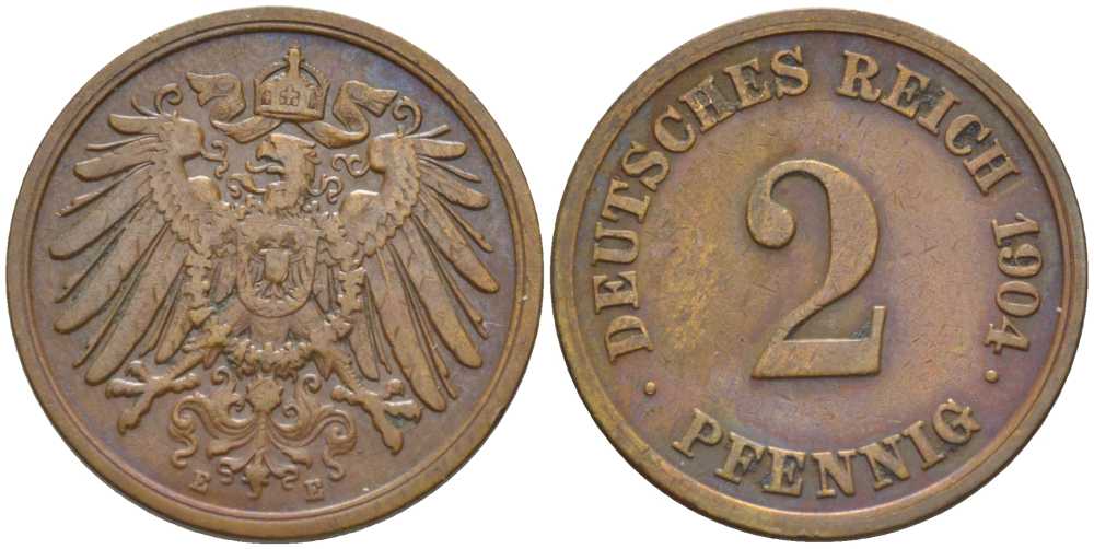 ГЕРМАНИЯ 2 ПФЕННИГА 1904 A KM 16, J. 11, Weege 4 медь 206-464