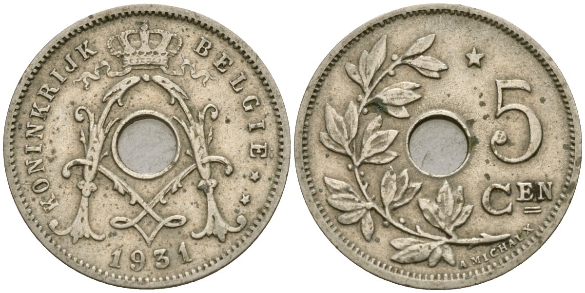 Бельгия 5 сантимов 1931 Belgie KM 67 медно-никель 4136-521