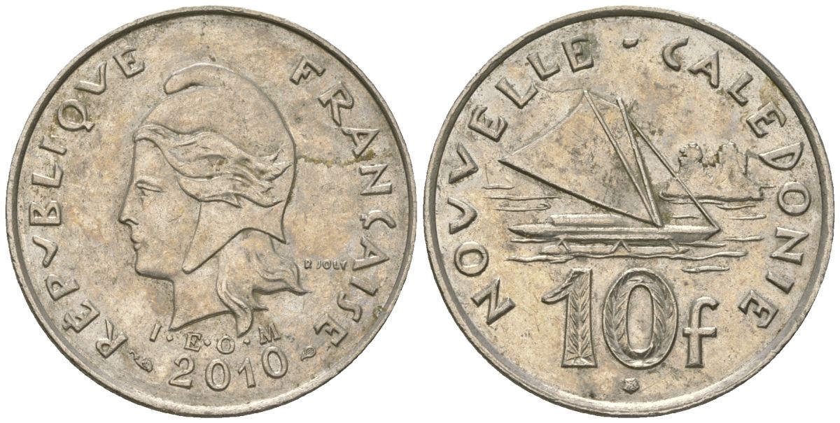 Французская Новая Каледония 10 франков 2010 рыбачья парусная лодка, (IEOM) KM 11a, Schoen 13a, Lec 99k медно-никель 3459-221