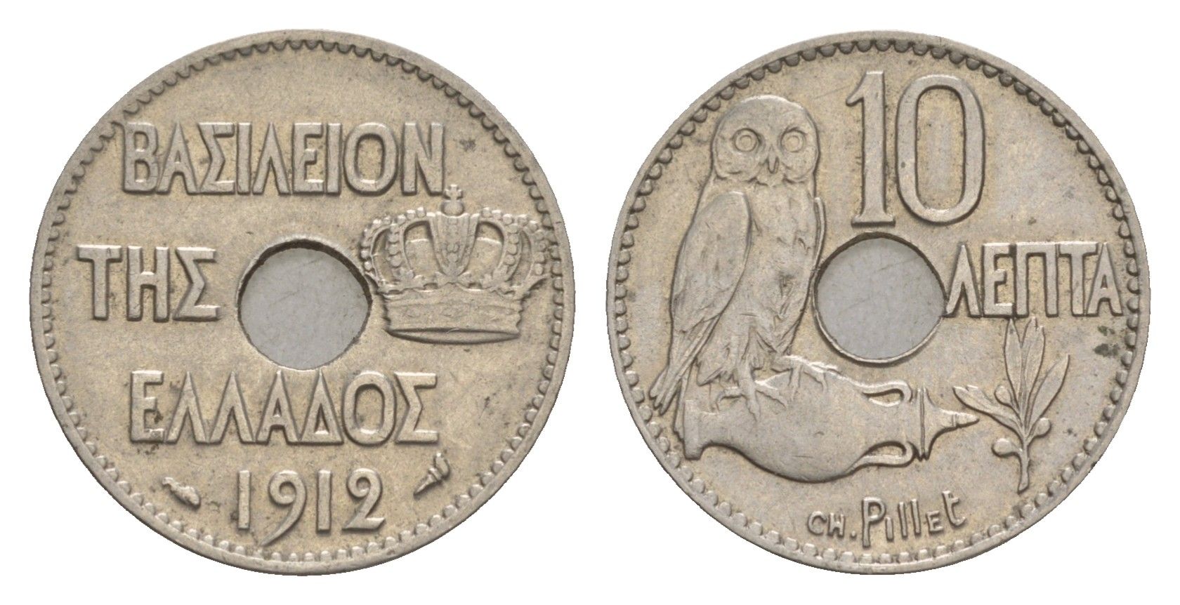 Греция 10 лепт 1912 Георг I (1863-1913), сова KM 63 никель 4655-364