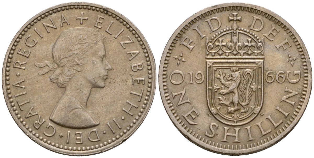 Великобритания 1 шиллинг 1966 Елизавета II (1952-2022), Шотландский герб KM 905, Spink 4148 медно-никель 4601-452