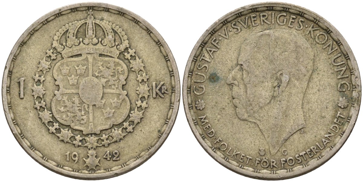 Швеция 1 крона 1942 G, Густав V (1907-1950) KM 814 серебро 4148-954