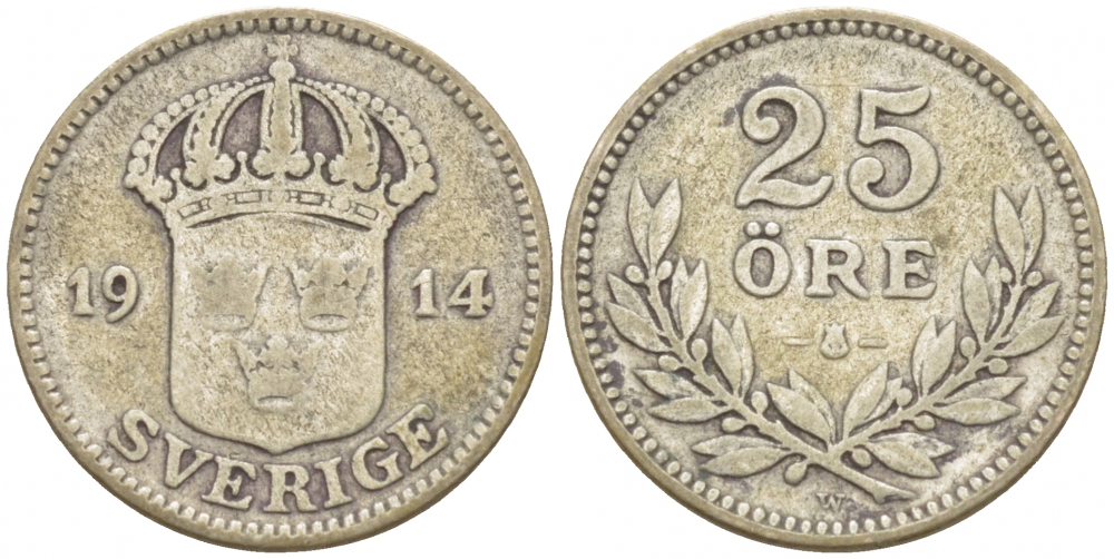Швеция 25 эре 1914 W, Густав V (1907-1950) KM 785 серебро 3309-854