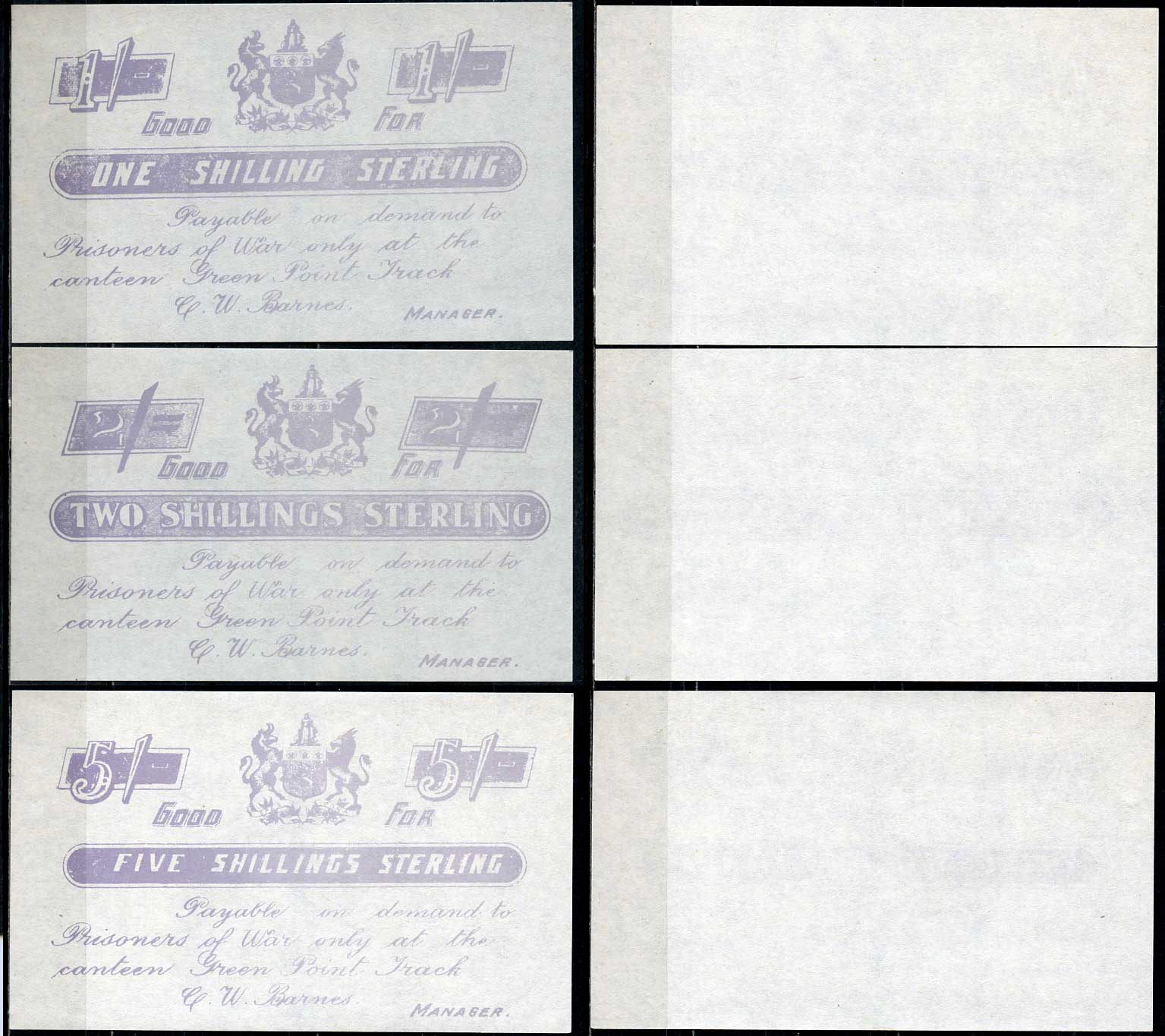 Южная Африка набор из 3 банкнот, 1, 2, 5 шиллингов стерлингов 1899-1902 оплачивается при предъявлении в столовой лагеря военнопленных Green Point Track, Англо-Бурская война (1899-1902), сиреневая печать бумага UNC (пресс) 451-671-1