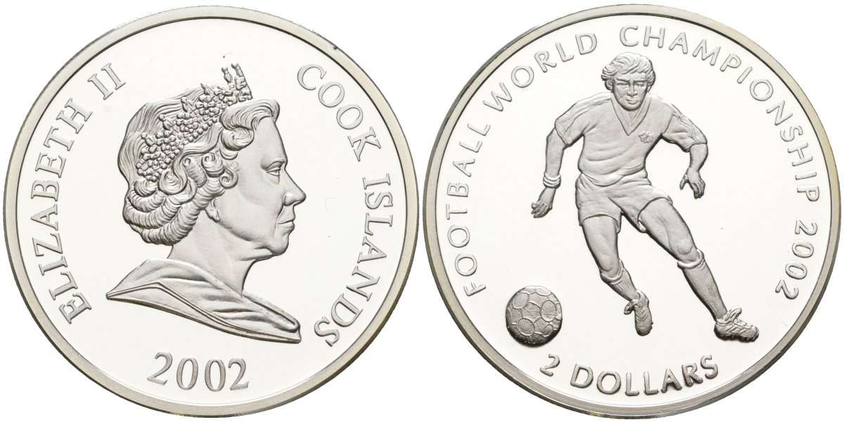 Острова Кука 2 доллара 2002 чемпионат мира по футболу в Корее и Японии 2002 года KM 468 a серебро PROOF 00-00