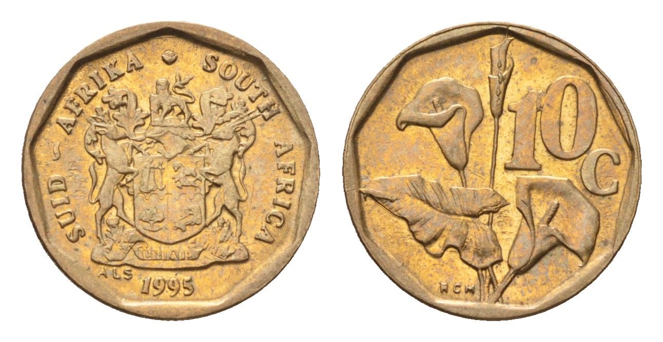 ЮАР 10 центов 1995 герб, цветок алоэ KM 135 сталь плакированная бронзой UNC 4694-719