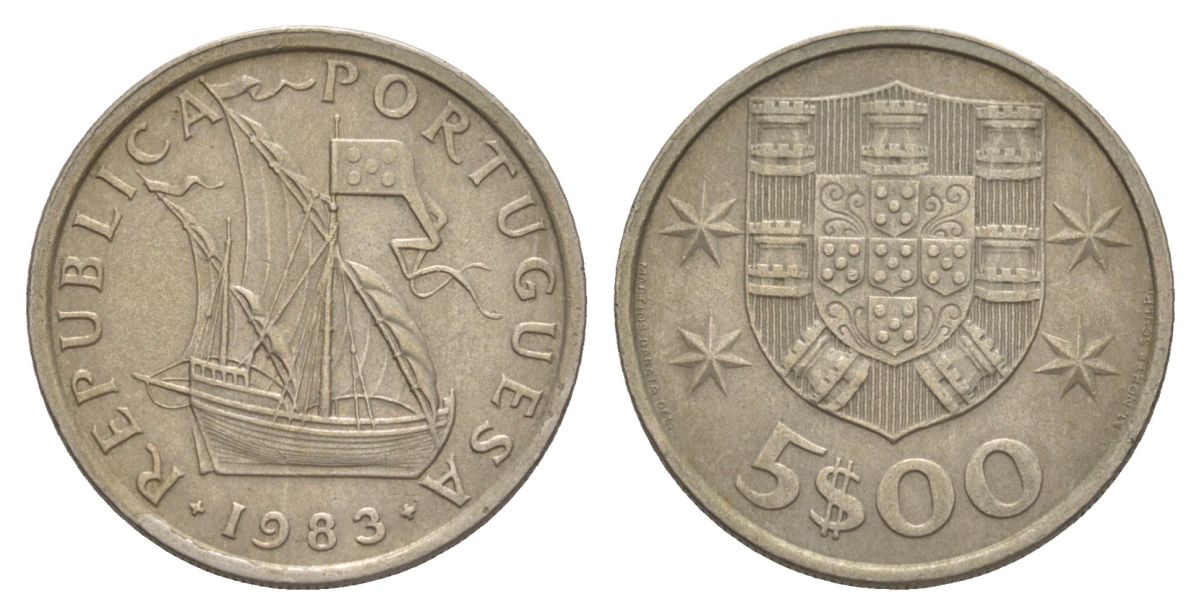Португалия 5 эскудо 1983 парусник KM 591 медно-никель 4633-411
