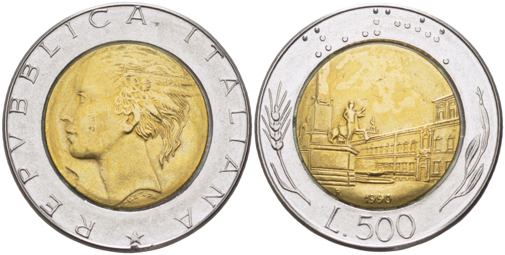 Италия 500 лир 1990 R, Квиринальский дворец в Риме KM 111 биметалл 175-1012