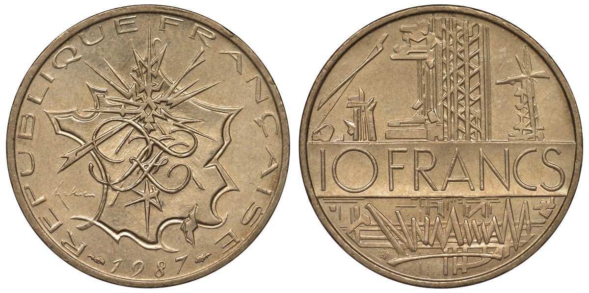 Франция 10 франков 1987 тип Матье KM 940, Le Franc 365.27-28 никель латунь 4123-631