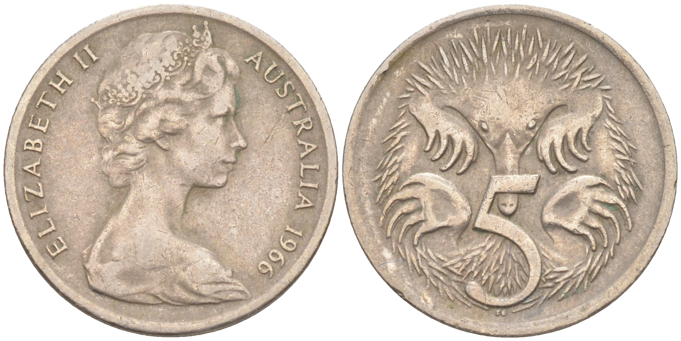 АВСТРАЛИЯ 5 ЦЕНТОВ 1966 ЕЛИЗАВЕТА II (1952-), МОЛОДОЙ ПОРТРЕТ, ЕХИДНА KM 64 медно-никель 4541-435