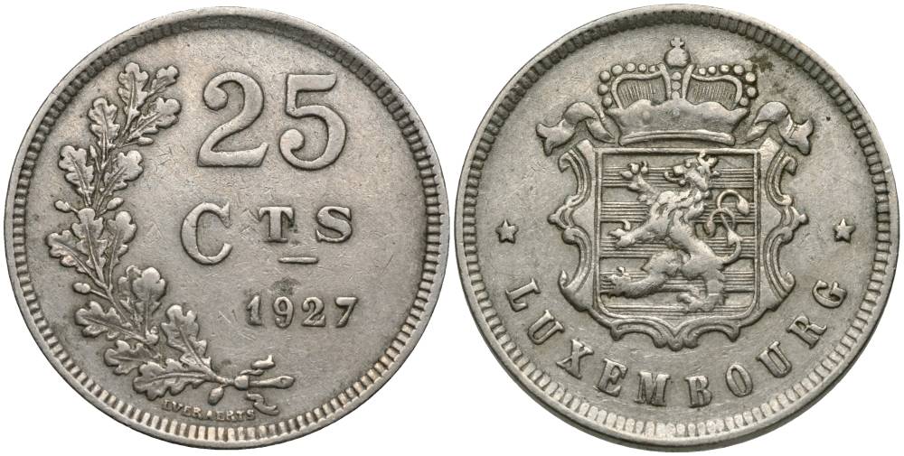 ЛЮКСЕМБУРГ 25 САНТИМОВ 1927 ШАРЛОТТА (1919-1964) KM 37 медно-никель 27-315