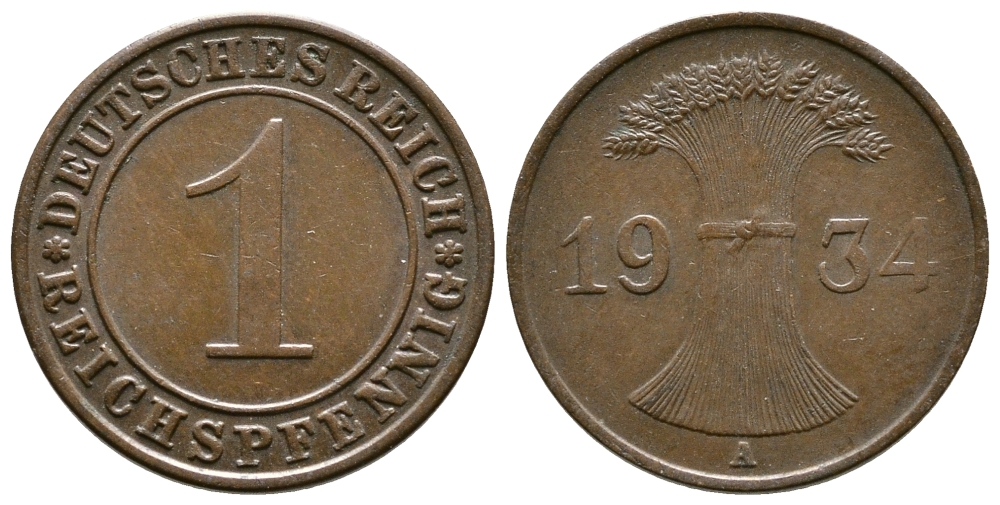 ГЕРМАНИЯ 1 РЕЙХСПФЕННИГ 1934 A KM 37, J. 313 бронза 4380-1257