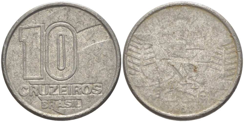 Бразилия 10 крузейро 1990 золотодобыча KM 619.1 нержавеющая сталь 4178-727