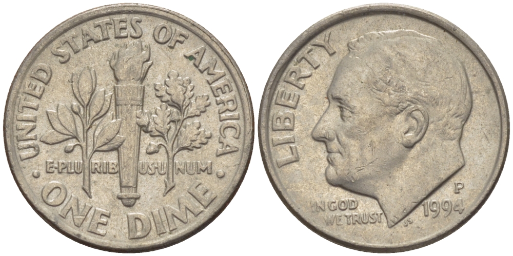 США 10 ЦЕНТОВ = 1 ДАЙМ 1994 P, РУЗВЕЛЬТ KM 195а медь плакированная медно-никелем 66-1127