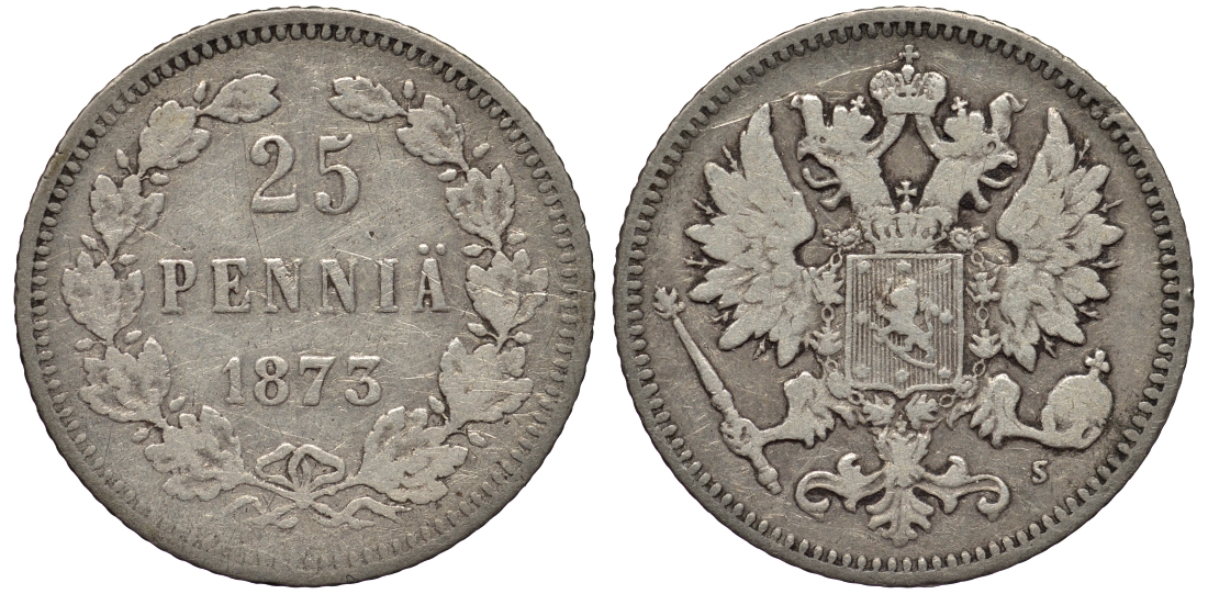 РОССИЯ ДЛЯ ФИНЛЯНДИИ 25 ПЕННИ 1873 S, АЛЕКСАНДР II KM 6.2, Биткин 648 серебро 443-745