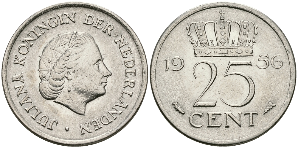 НИДЕРЛАНДЫ 25 ЦЕНТОВ 1956 ЮЛИАНА KM 183 никель 96-135