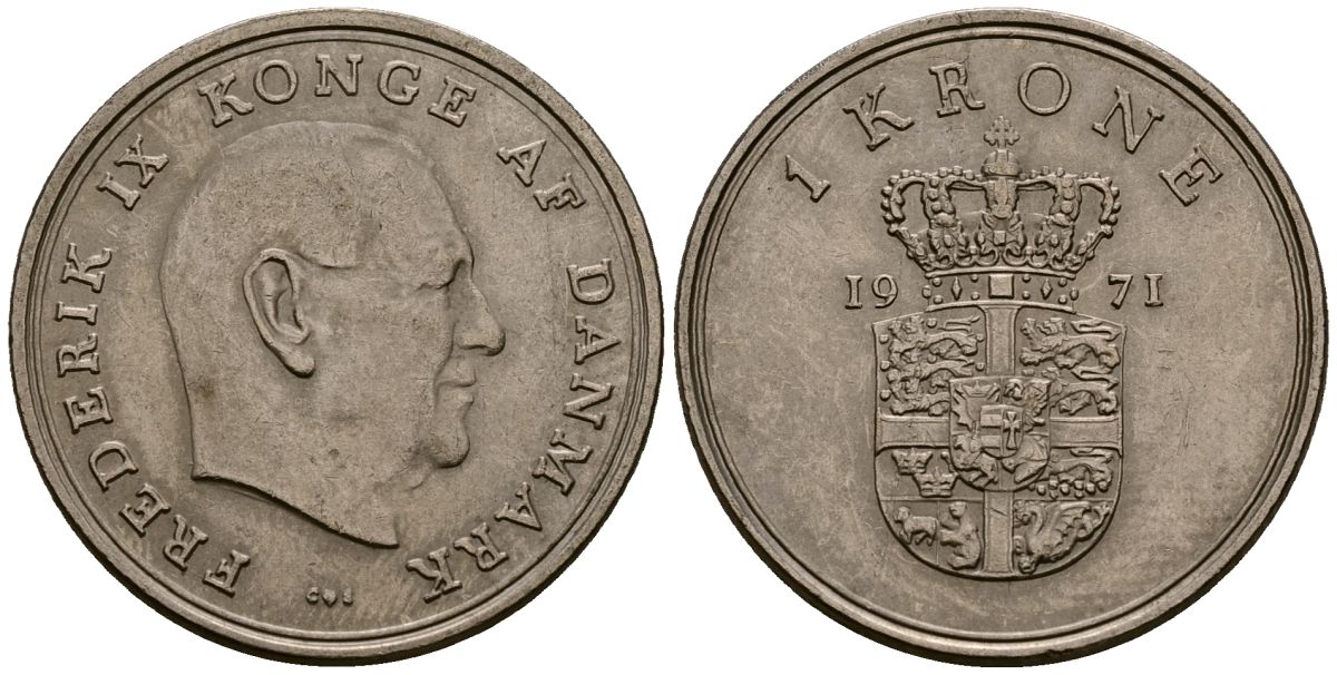 Дания 1 крона 1971 Фредерик IX (1947-1972) KM 852 медно-никель 4176-522