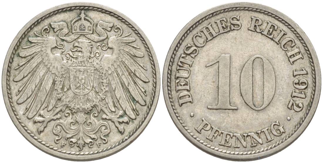 Германия 10 пфеннигов 1912 F KM 12, Jager 13, Weege 8 медно-никель 219-225