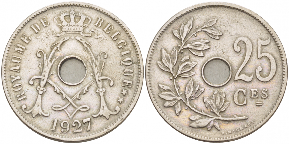 БЕЛЬГИЯ 25 САНТИМОВ 1927 BELGIQUE KM 68.1 медно-никель 4529-1121