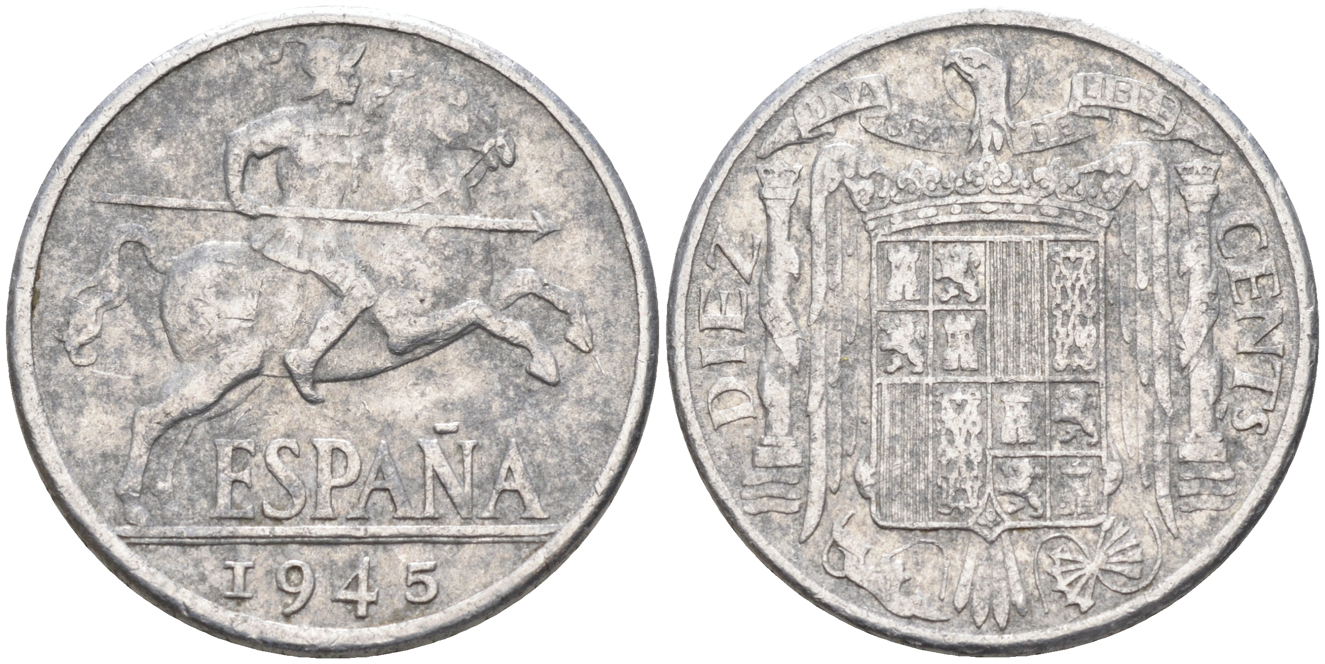 ИСПАНИЯ 10 СЕНТИМО 1945 РЫЦАРЬ НА КОНЕ KM 766 алюминий 4589-856