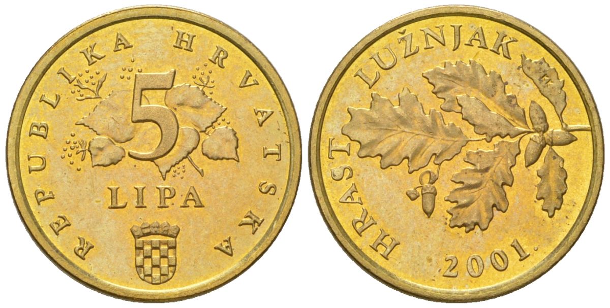 Хорватия 5 лип 2001 нечетный год KM 5 сталь плакированная латунью  UNC  4124-915