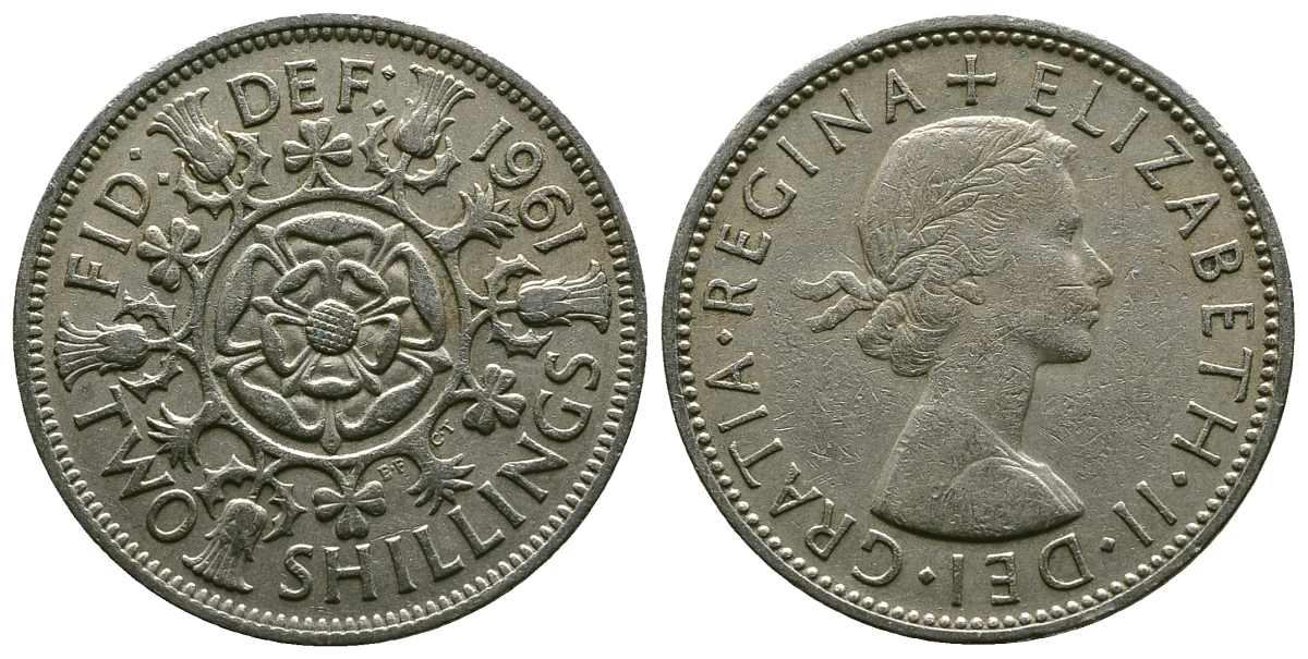 Великобритания 2 шиллинга (флорин) 1961 Елизавета II (1952-2022) KM 906, Spink 4146 медно-никель 4382-323