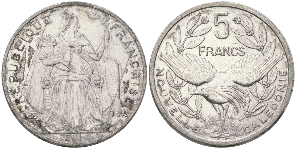 Французская Новая Каледония 5 франков 2014 птица кагу, (IEOM) KM 16, Schoen 12, Lec 81k алюминий 4117-232
