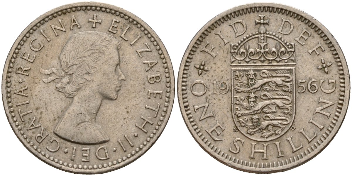 Великобритания 1 шиллинг 1956 Елизавета II (1952-2022), Английский герб KM 904, Spink 4147 медно-никель 4187-1055