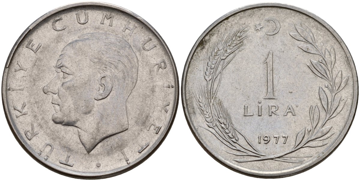 Турция 1 лира 1977 Мустафа Кемаль Ататюрк KM 889a.2 нержавеющая сталь 4149-1245