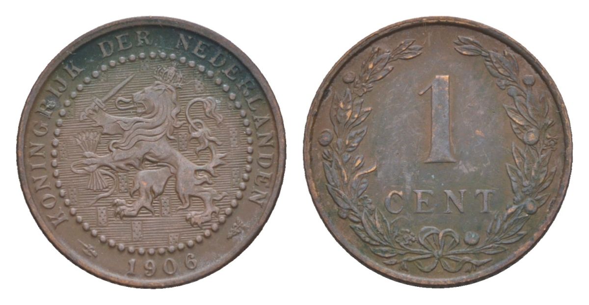 Нидерланды 1 цент 1906 Вильгельмина (1890-1948) KM 132 бронза 73-616