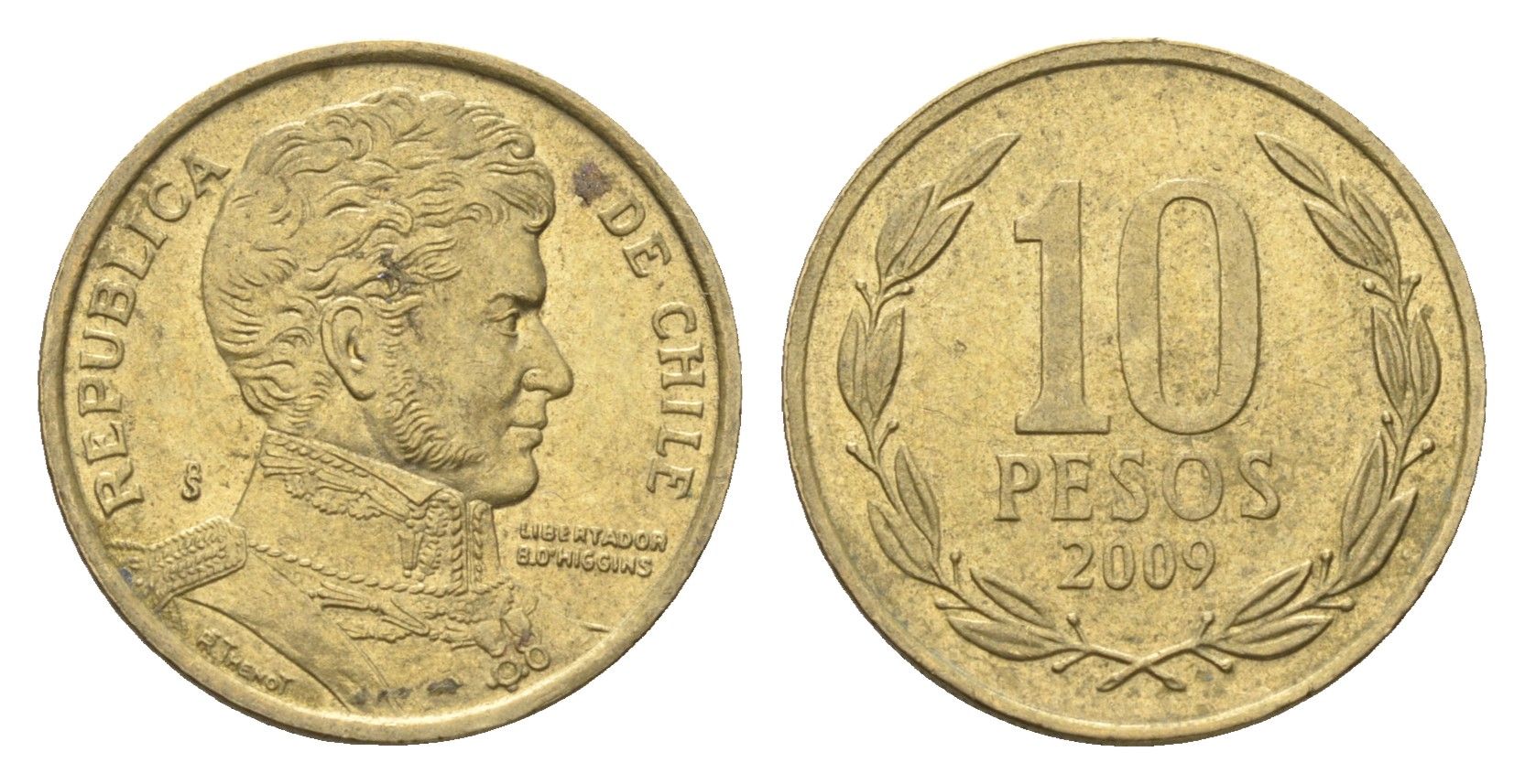 Чили 10 песо 2009 KM 228 никель латунь 4664-438