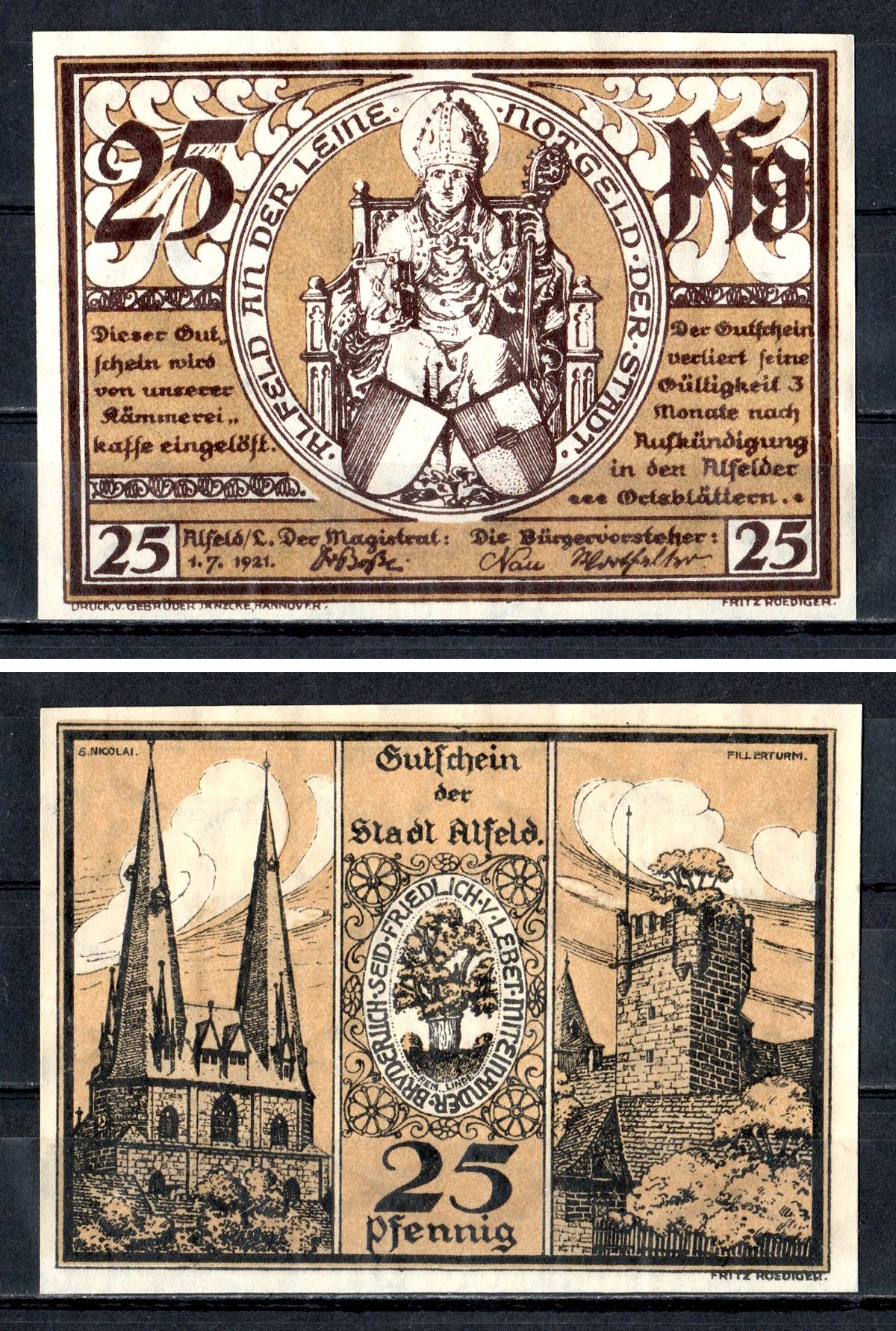 Альфельд (Пруссия, Ганновер) 25 пфеннигов 1921 Mehl Grabowski 11.1-1/2 бумага UNC (пресс) 7556-41-3-1