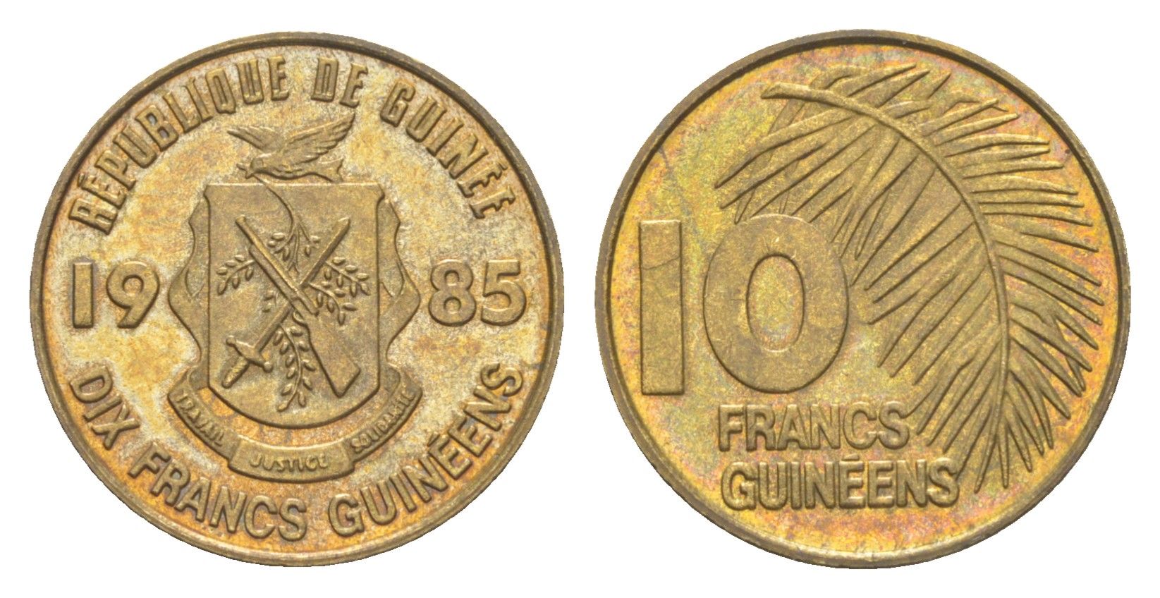 Гвинея 10 франков 1985 KM 52 сталь плакированная латунью UNC 4651-842