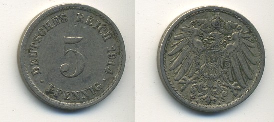 ГЕРМАНИЯ 5 ПФЕННИГОВ 1914 A, KM 11, J. 12 медно-никель 54-215
