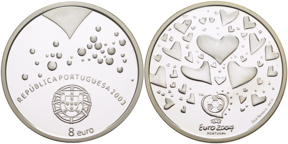 Португалия 8 евро 2003 Чемпионат Европы по футболу UEFA ЕВРО-2004 в Португалии, логотип чемпионата, сердца, тираж 15000 экз. KM 751 а серебро PROOF 05-122-21