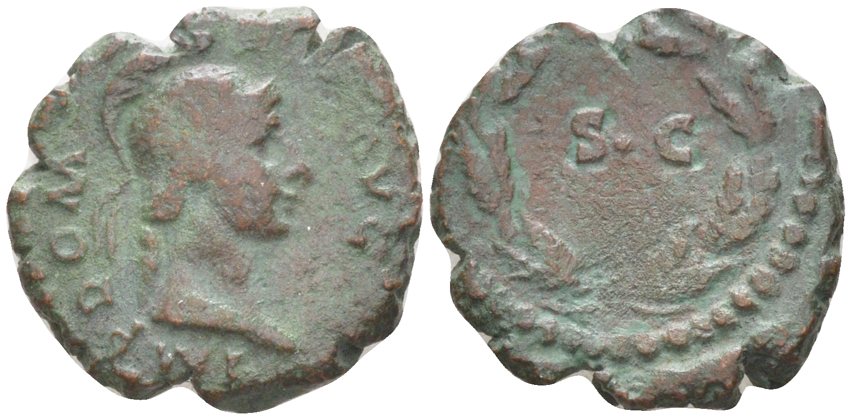 Римская Империя квадранс 81 - 96 Домициан, голова МИНЕРВЫ, IMP DOM AVG / S C в венке, Рим (из немецкой коллекции 1-й половины XX века, с владельческим конвертом) RIC 436 бронза 1073-15-73