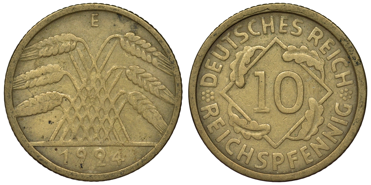 Германия 10 рейхспфеннигов 1924 E KM 40, J. 317 алюминиевая бронза 4121-856