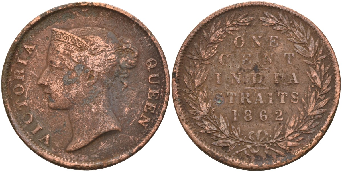 Стрейтс-Сетлментс 1 цент 1862 Виктория (1837-1901), Ост-Индская компания KM 6 медь 4590-233