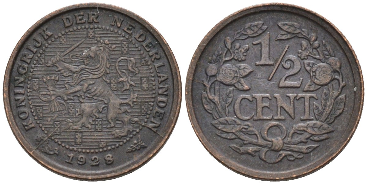 Нидерланды 1/2 цента 1928 Вильгельмина (1890-1948) KM 138 бронза 4576-515
