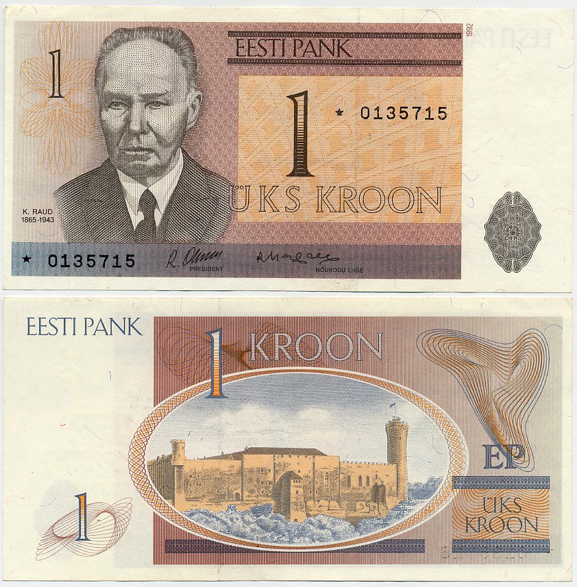 Эстония 1 крона 1992 Кристьян Рауд, замещенная серия Pick 69 r, Сергеев 6 R  бумага  aUNC 445-2-1-2