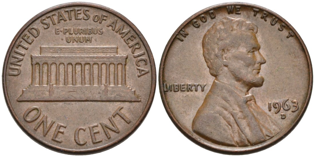 США 1 цент 1963 D, Линкольн KM 201 медь цинк 4564-424