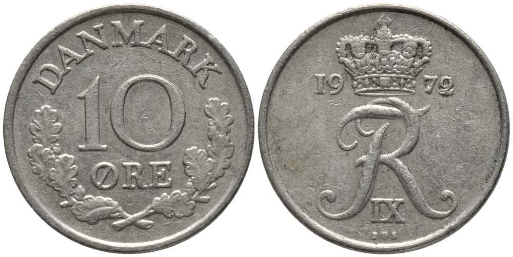 ДАНИЯ 10 ЭРЕ 1972 S; S, ФРЕДЕРИК IX (1947-1972) KM 849.2 медно-никель 116-232