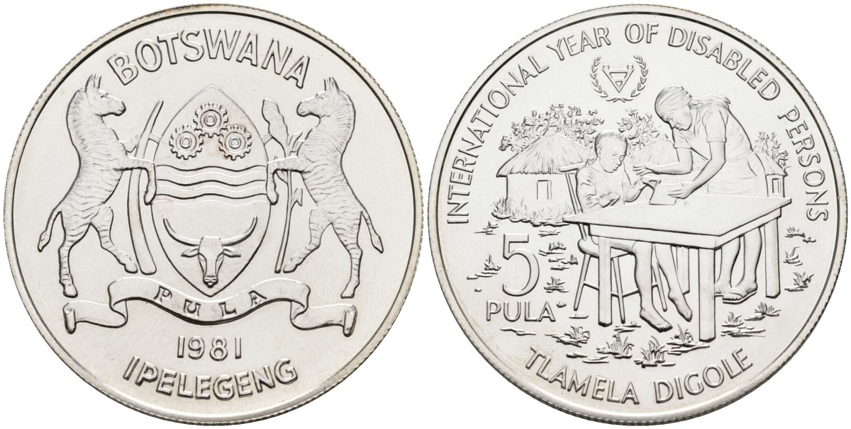 Ботсвана 5 пула 1981 международный год инвалидов, тираж 13000 экз. KM 15 серебро UNC 1080-5-44