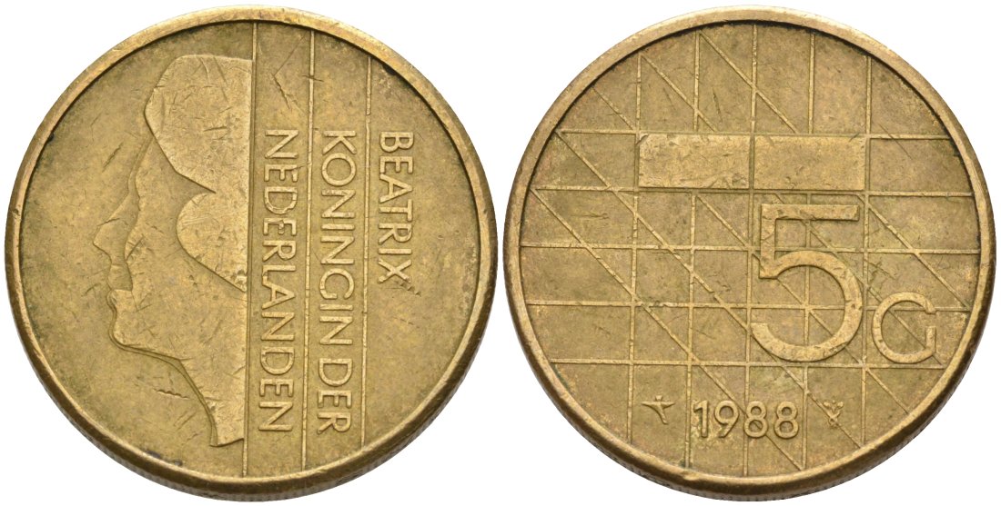 Нидерланды 5 гульденов 1988 Беатрикс (1980-2013) KM 210 никель плакированный бронзой 4573-442