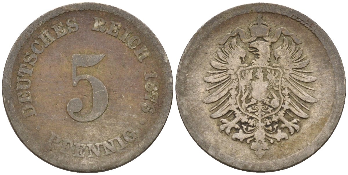 Германия 5 пфеннигов 1876 E, старогербовка KM 3, J. 3 медно-никель 4151-359
