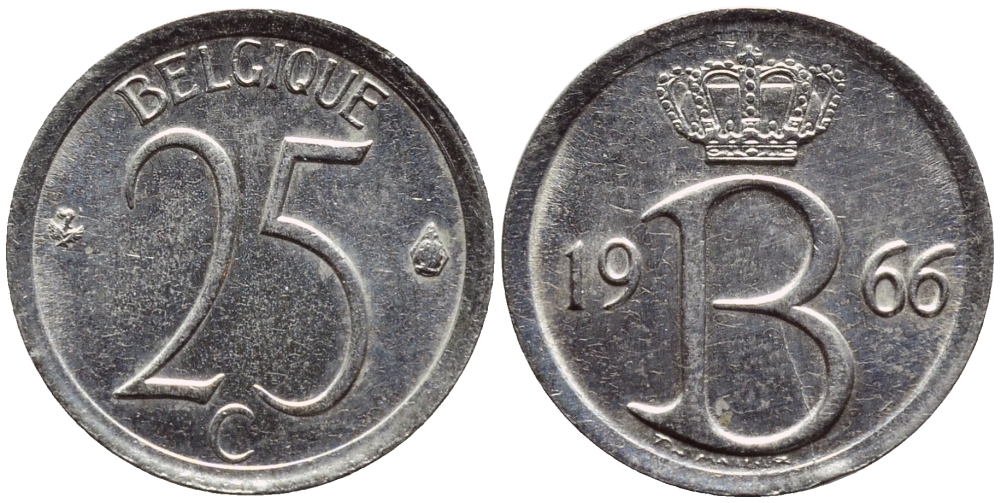 БЕЛЬГИЯ 25 САНТИМОВ 1966 BELGIQUE KM 153.1 медно-никель 4392-861